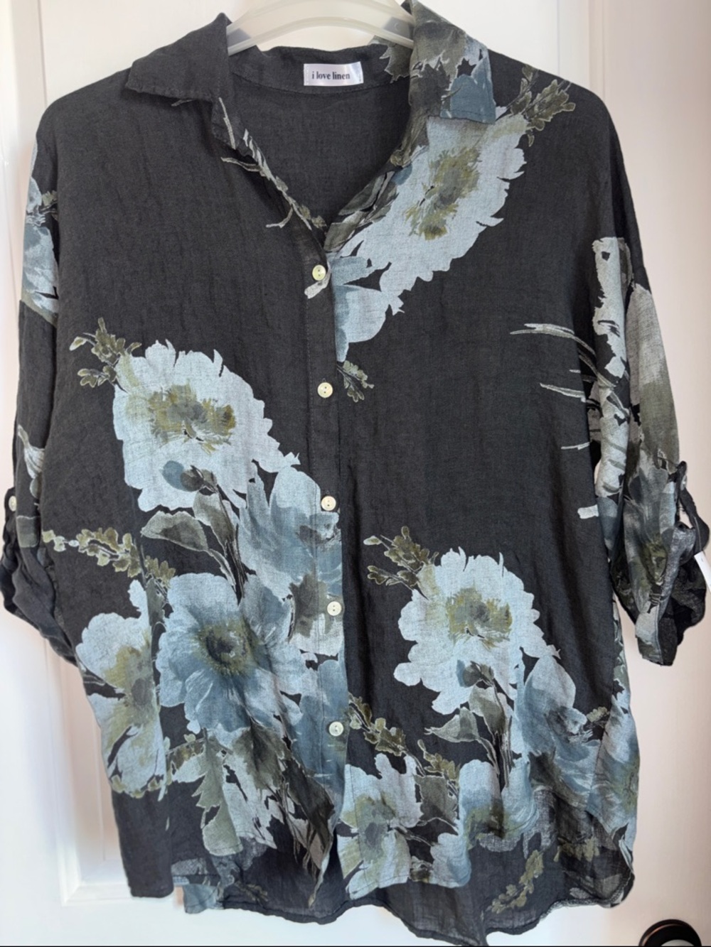I Love Linen Black Floral Button-Down Shirt One size